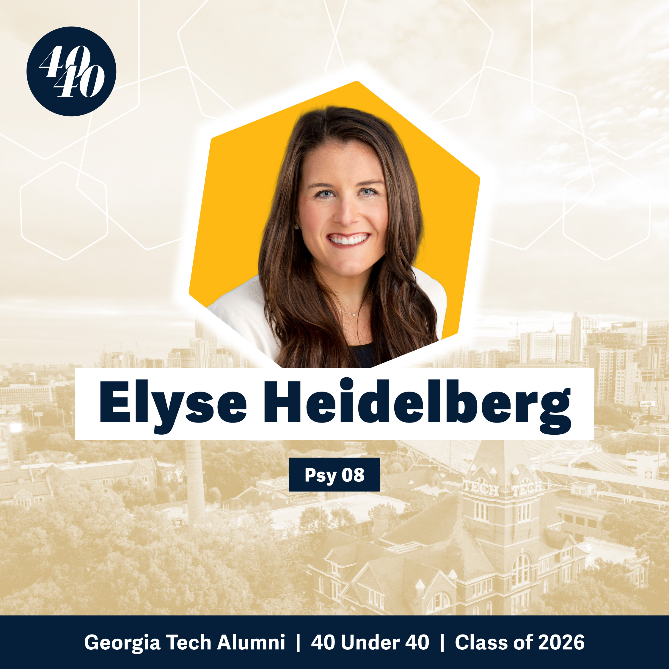 Headshot of Elyse Heidelberg with a faded background showing Georgia Tech's campus