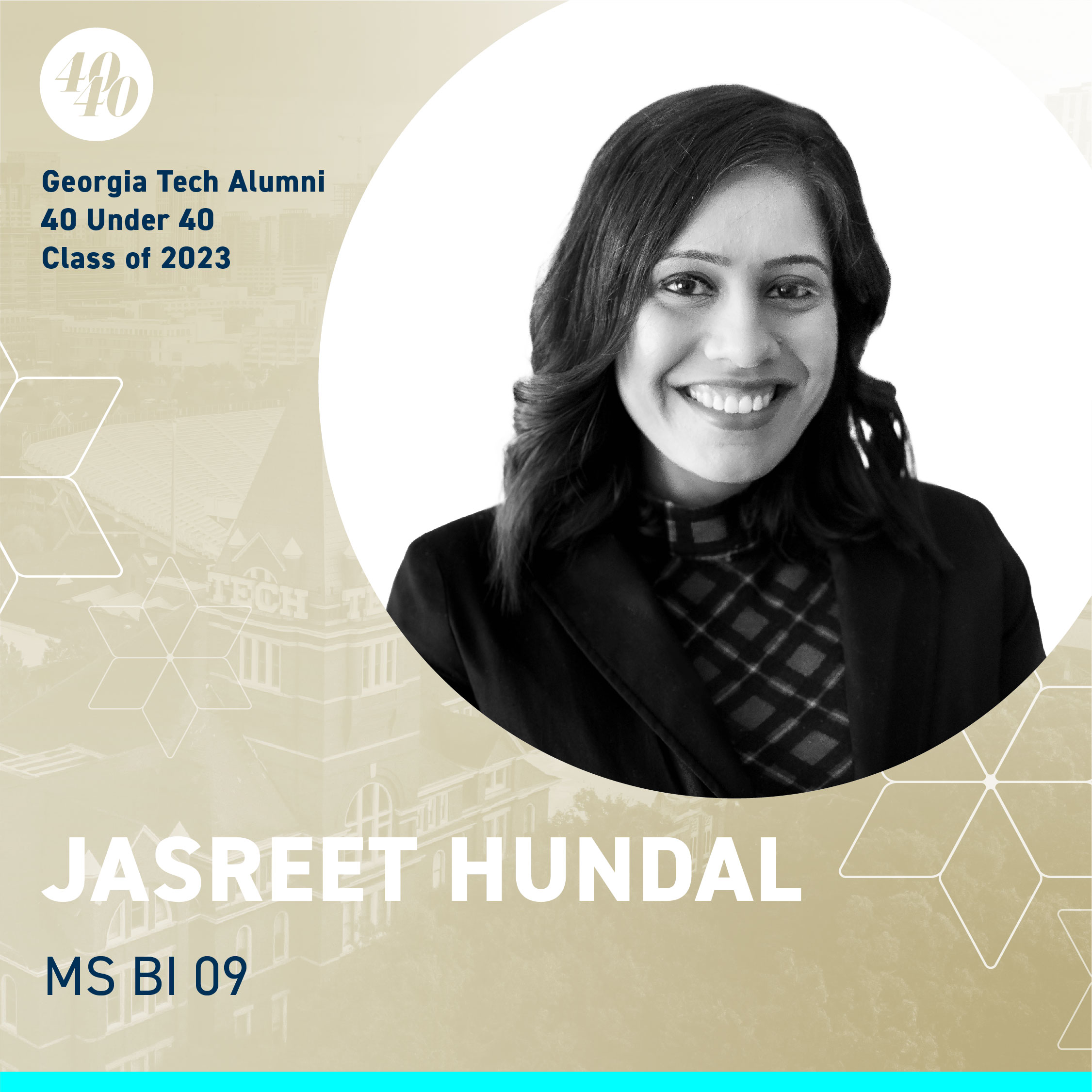 A headshot of Jasreet and the 40 under 40 logo.