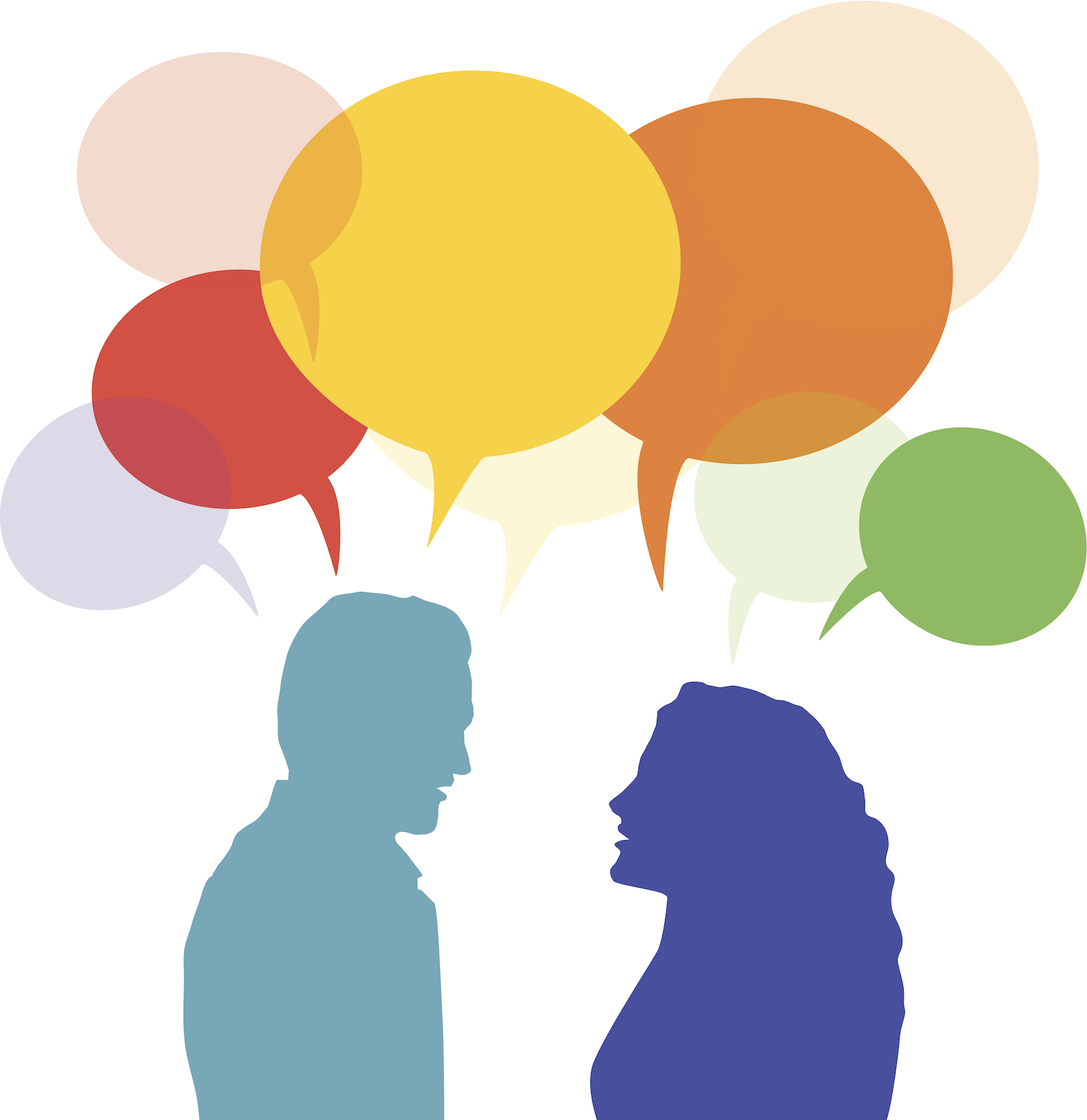 illustration of a man and woman with thought bubbles above their heads