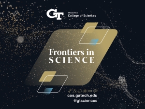 Frontiers in Science: Advancing Space Exploration is set for Thursday, April 2, 2026 at Georgia Tech. A black banner reading "Frontiers in Science: Advancing Space Exploration." The words are surrounded by dynamic gold sparkles, along with light blue, gold, and white parallelograms.