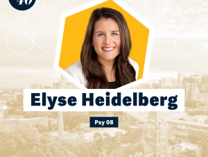 Headshot of Elyse Heidelberg with a faded background showing Georgia Tech's campus