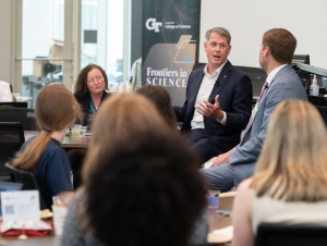 Retired NASA astronaut R. Shane Kimbrough (M.S. Operations Research 1998) reflects on his career and the evolution of spaceflight. R. Shane Kimbrough speaks in front of room of people during a fireside chat